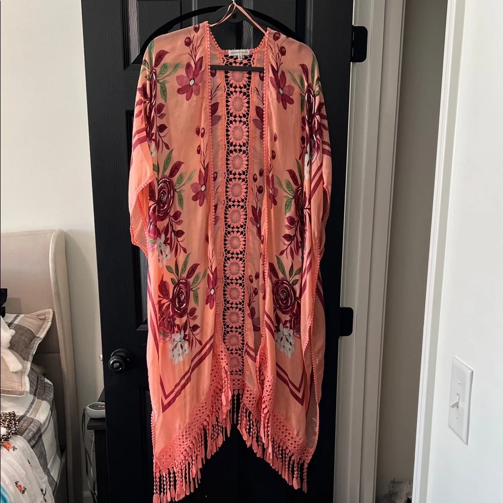 Woven Heart Coral Floral Kimono - Picture 1 of 2